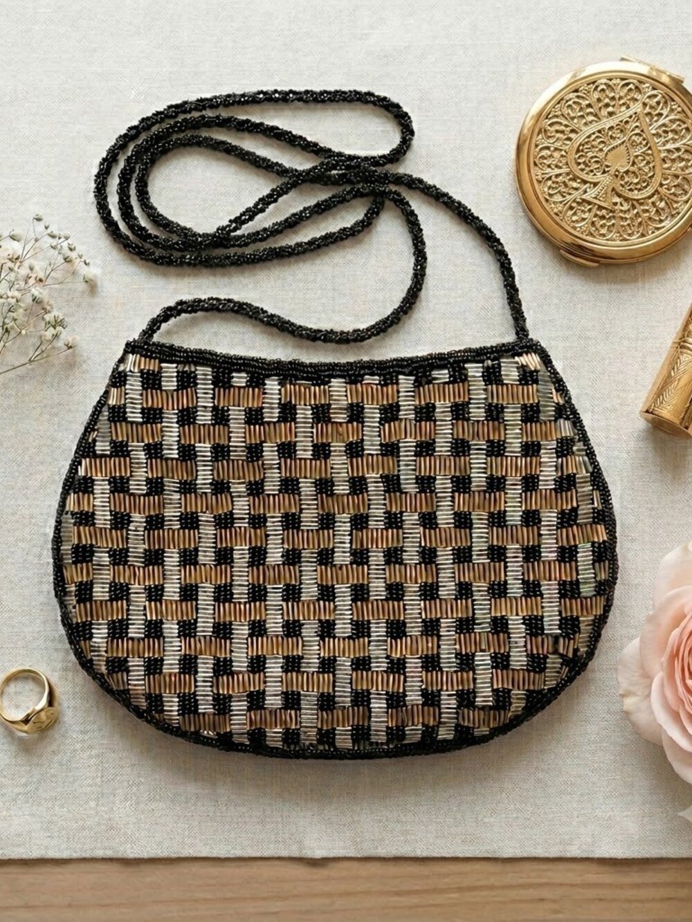 VINTAGE Beaded Shoulder Bag Clutch metallic black silver gold